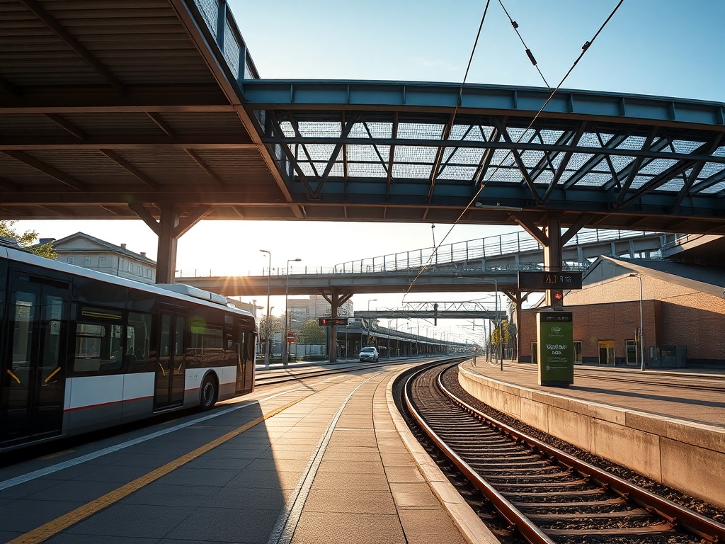 Ilustracja przedstawiająca nowoczesny autobus elektryczny na tle architektury Gdańska, symbolizująca inwestycje miasta w ekologiczny transport i rozwój architektoniczny.